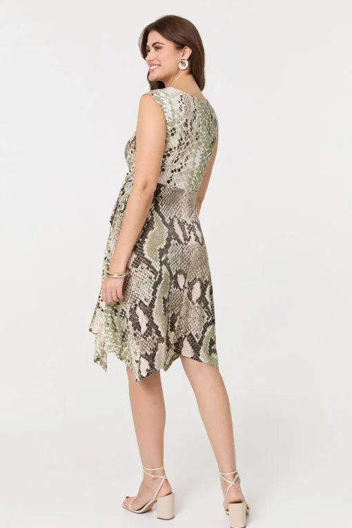 Snake Print Boat Neck Hanky Hem Short Dress