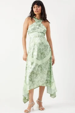 Snake Print Satin Cross Front Chiffon Insert Hanky Hem Midi Dress