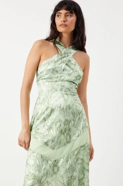 Snake Print Satin Cross Front Chiffon Insert Hanky Hem Midi Dress