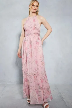 Soft Floral Halter Neck Maxi Bridesmaids Dress