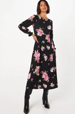 Spaced Floral Long Sleeve Midi Dress