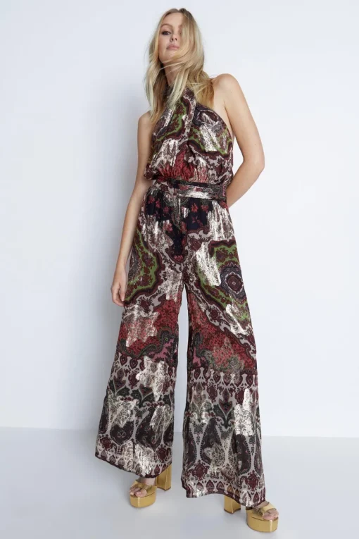 Sparkle Border Print Halter Neck Jumpsuit