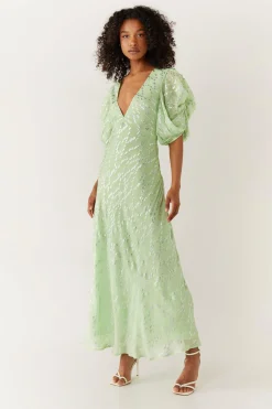 Sparkle Floral V Neck Puff Sleeve Midi Dress
