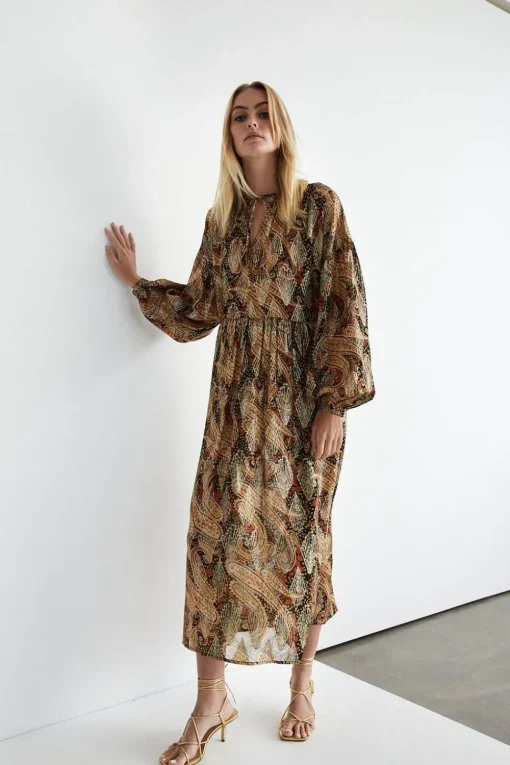 Sparkle Jacquard Tie Neck Midi Dress