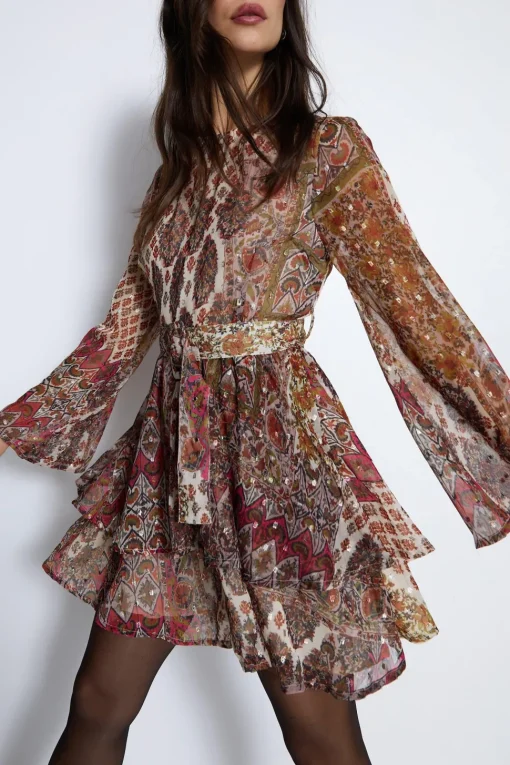 Sparkle Paisley Belted Mini Dress