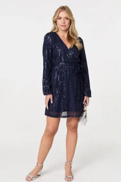 Sparkly Sequin Long Sleeve Mini Wrap Dress