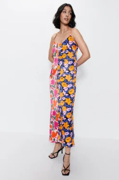 Splice Floral Satin Strappy Dress