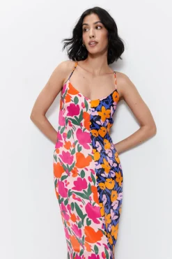 Splice Floral Satin Strappy Dress