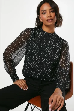 Spot Chiffon High Neck Long Sleeve Blouse