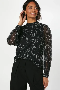 Spot Chiffon High Neck Long Sleeve Blouse