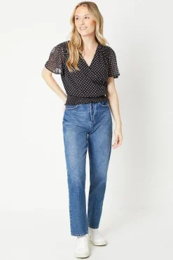 Spot Chiffon Shirred Hem Wrap Blouse