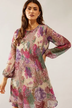 Spot Floral Pleated Shift Dress