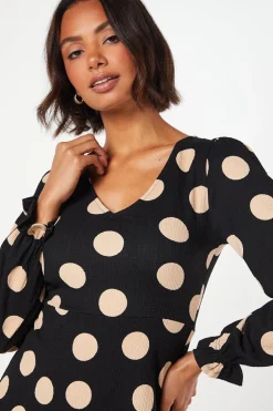Spot Long Sleeve V Neck Mini Dress