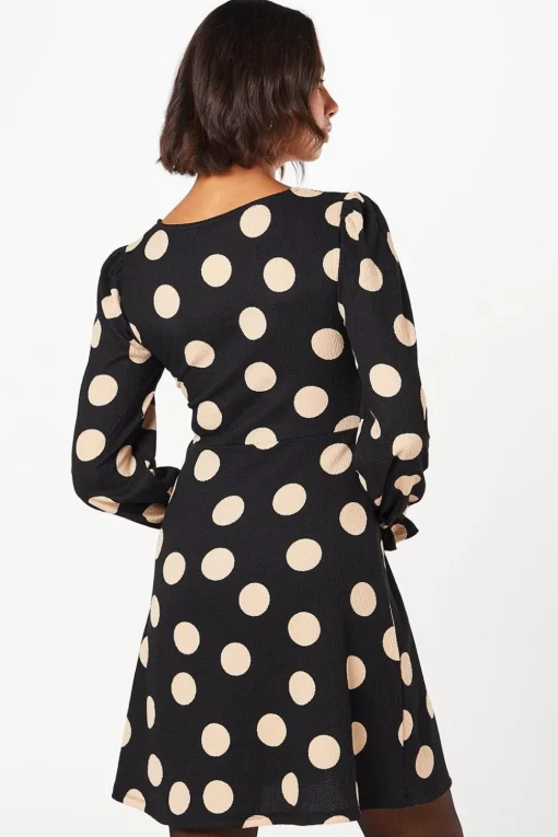 Spot Long Sleeve V Neck Mini Dress
