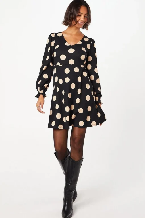 Spot Long Sleeve V Neck Mini Dress