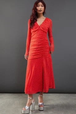 Spot Mesh Gathered Front  Plunge Neck Midi Dress