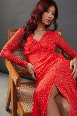 Spot Mesh Gathered Front  Plunge Neck Midi Dress