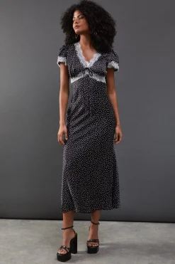 Spot Satin Lace Trim Midaxi Tea Dress