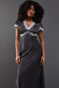 Spot Satin Lace Trim Midaxi Tea Dress