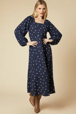 Spot Square Neck Ruffle Midi Dress