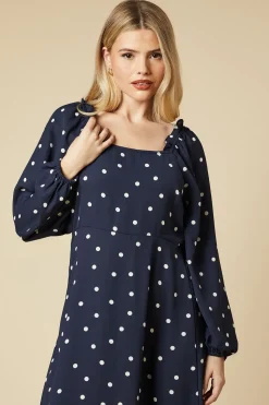 Spot Square Neck Ruffle Midi Dress