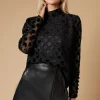 Spot Velvet High Neck Button Detail Blouse