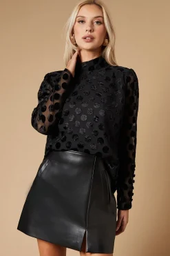 Spot Velvet High Neck Button Detail Blouse