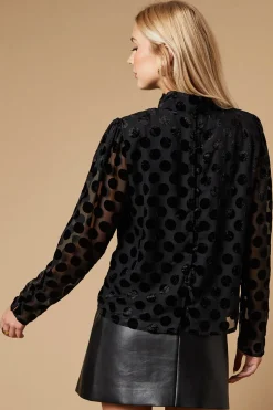 Spot Velvet High Neck Button Detail Blouse