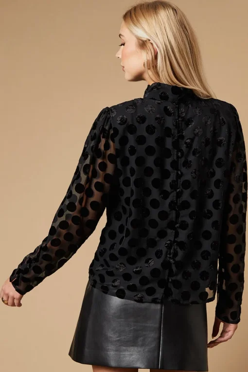 Spot Velvet High Neck Button Detail Blouse