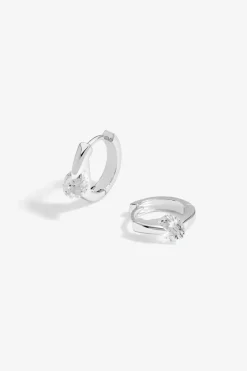 Sterling Silver 925 Polished And Cubic Zirconia Besel Centre Stone Hoop Earrings