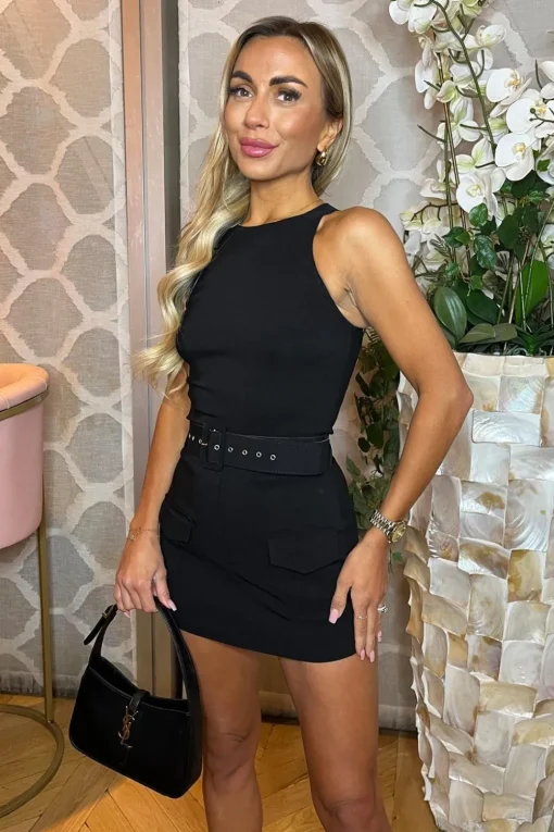Stretch Cotton Round Neck Belted Skort Playsuit