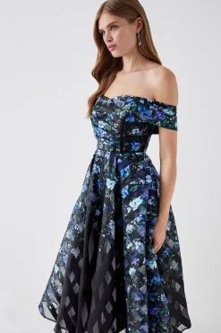 Stripe Organza Pleated Top Midi Dress