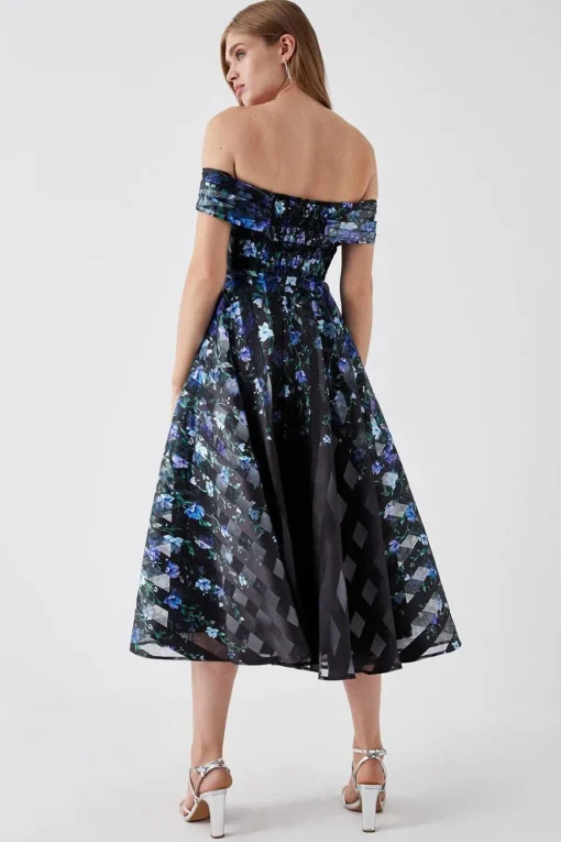 Stripe Organza Pleated Top Midi Dress