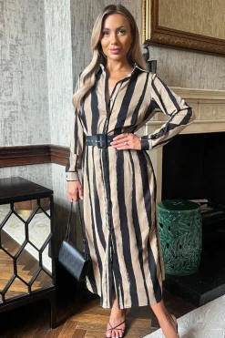 Stripe Print Button Front Midi Belted Shirt Dress