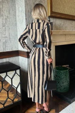 Stripe Print Button Front Midi Belted Shirt Dress