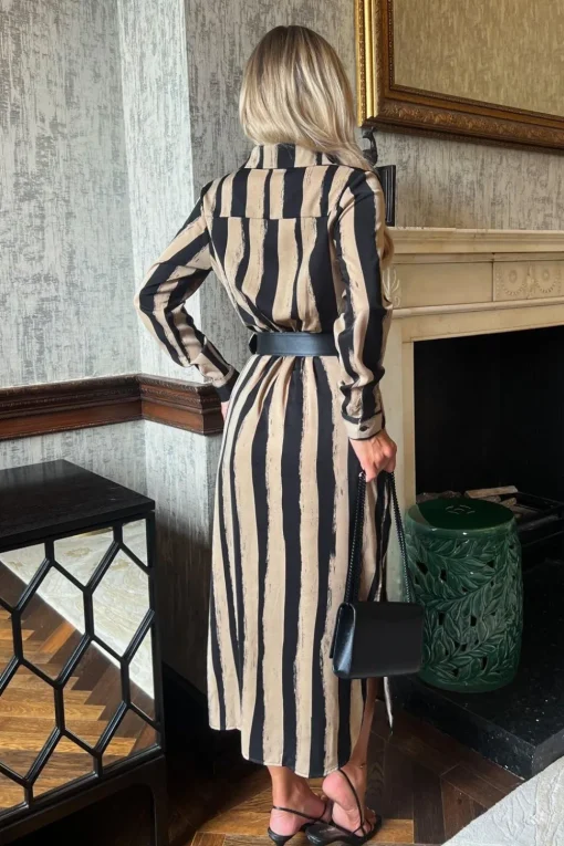 Stripe Print Button Front Midi Belted Shirt Dress