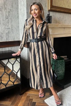 Stripe Print Button Front Midi Belted Shirt Dress