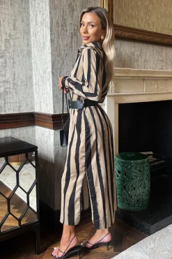 Stripe Print Button Front Midi Belted Shirt Dress