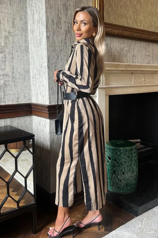 Stripe Print Button Front Midi Belted Shirt Dress