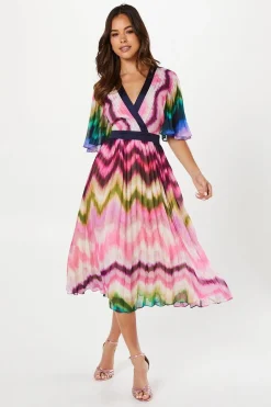 Stripe Print Pleated Midi Wedding Guest Dress