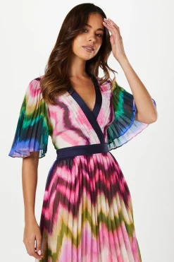 Stripe Print Pleated Midi Wedding Guest Dress