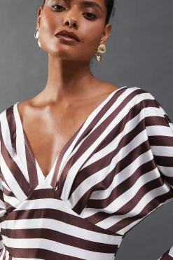 Stripe Satin Batwing Waisted Hanky Hem Midi Dress