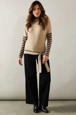 Stripe Sleeve Tie Waist High Neck Jumper