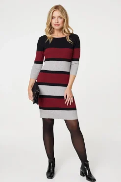 Striped 3/4 Sleeve Knit Bodycon Short Dress