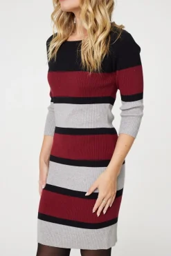 Striped 3/4 Sleeve Knit Bodycon Short Dress