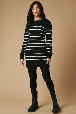 Striped Button Cuff Knitted Mini Dress