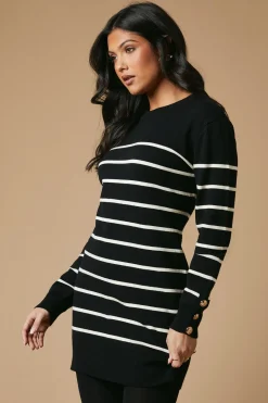 Striped Button Cuff Knitted Mini Dress