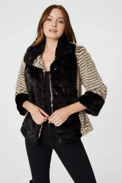 Striped Faux Fur 3/4 Sleeve Jacket