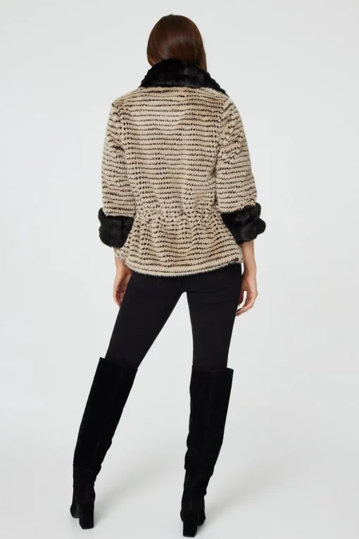 Striped Faux Fur 3/4 Sleeve Jacket