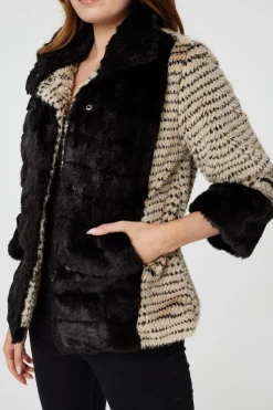 Striped Faux Fur 3/4 Sleeve Jacket